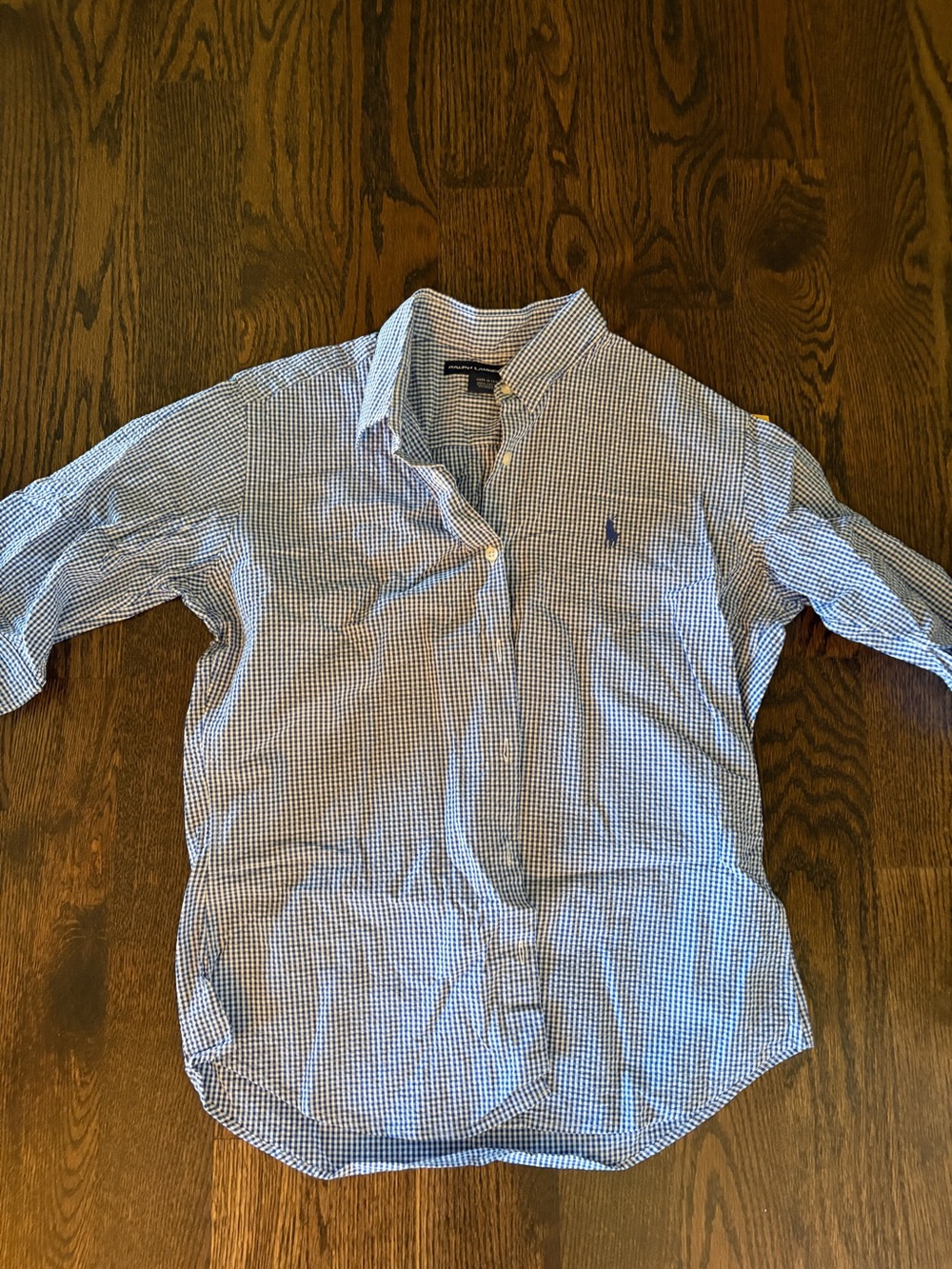 Women’s Ralph Lauren Blue White Gingham Button-Down 100% cotton 3/4 sleeves sz12